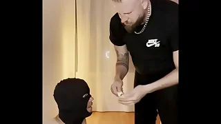 Slave fucked by butt-machine and I feed him my cum from condoms